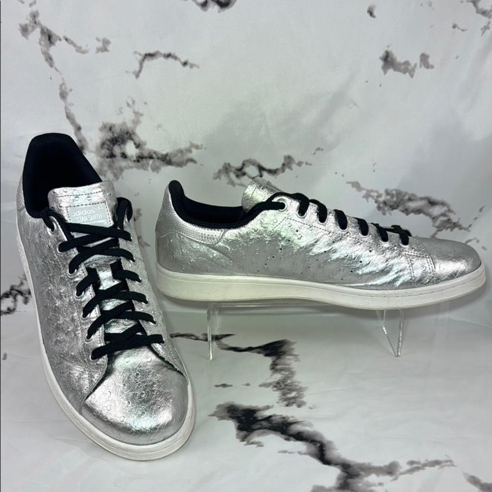 Adidas Stan Smith Ostrich Sneakers Silver Metallic Low Top Tennis Shoes AQ4706